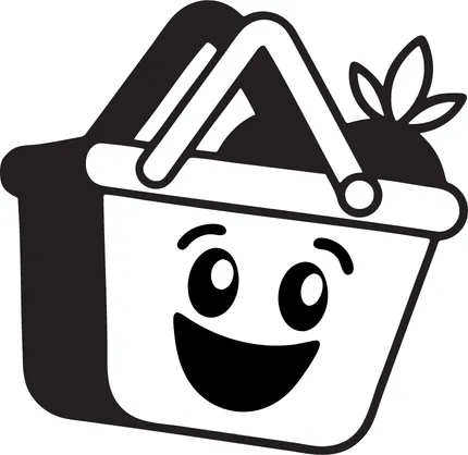 Kurvkompis-logoen: en handlekurv-maskot med et smil og en spire.